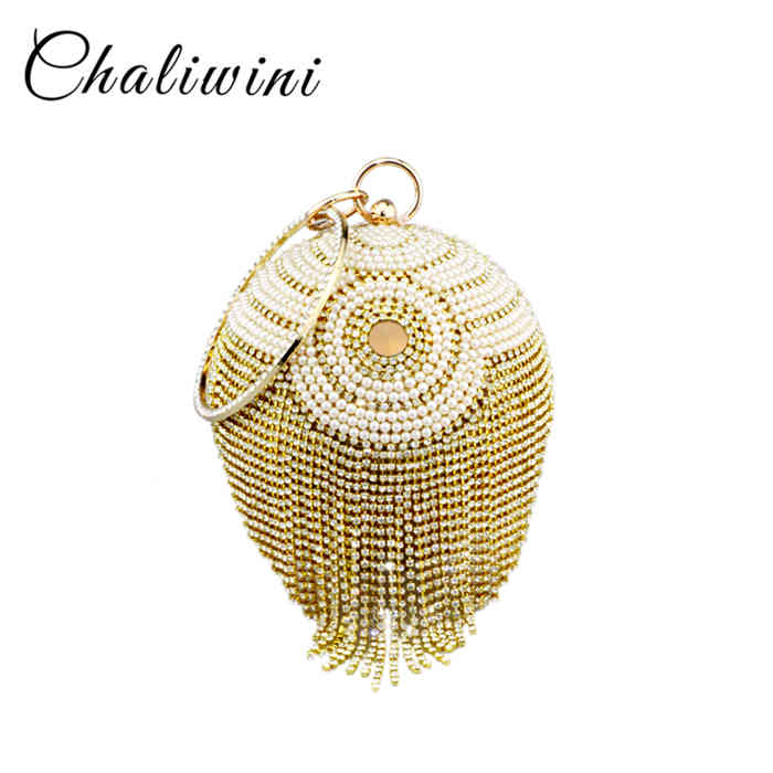 Chaliwini – sac fourre-tout en forme de bol argenté pour femmes, , perle perlée, fleur rayée, bracelets, pompon, sacoches: gold 3659-22