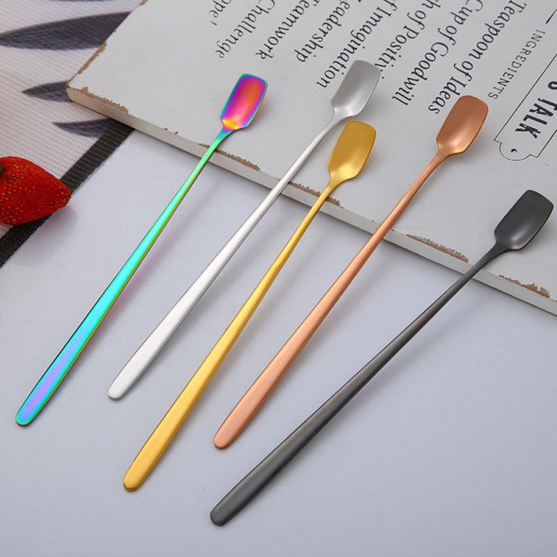 Coffee Spoon Stainless Steel Long Handle Stirring Milk Spoon Gold Handle Square Head Spoon Kitchen Drinking Flatware TXTB1