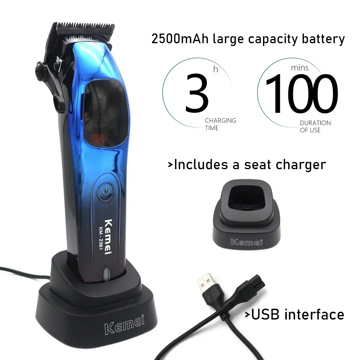 Kemei 2361 10000 tr/min tondeuse à cheveux professionnelle pour hommes moteur magnétique lame DLC avec chargeur de Base tondeuse à cheveux Machine de coupe de cheveux