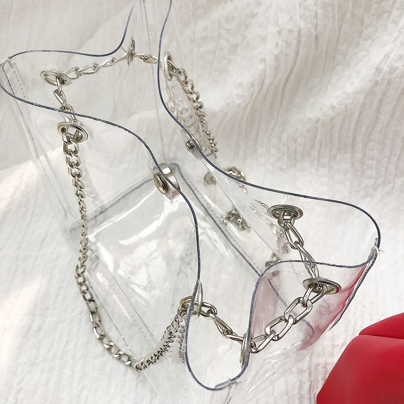 Kvinnor små hinkpåsar plast genomskinliga totes komposit kedja väska kvinnliga mini gelé handväskor svart