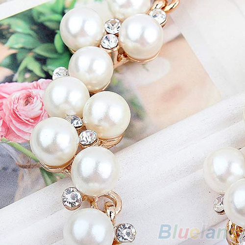 Women's Shiny Alloy Golden Rhinestone Faux Pearl Beads Necklace Jewelry 00T4