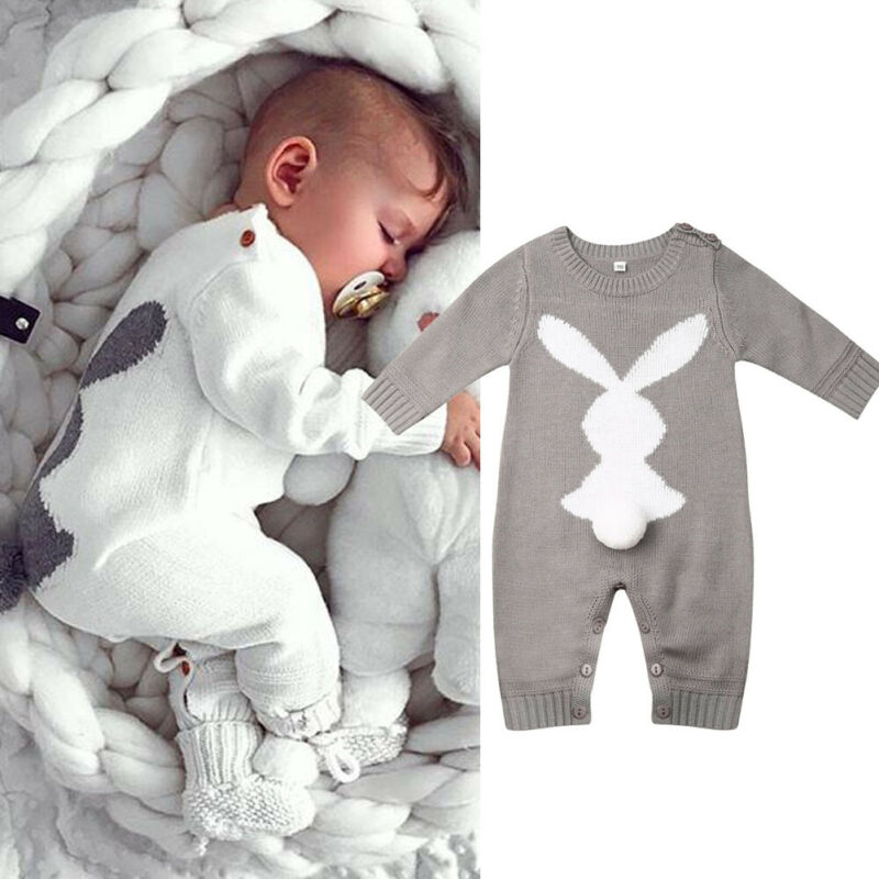 Helt nyfødt baby dreng pige strik uld romper efterår vinter varm 3d kanin jumpsuit outfit tøj playsuit jumpsuit