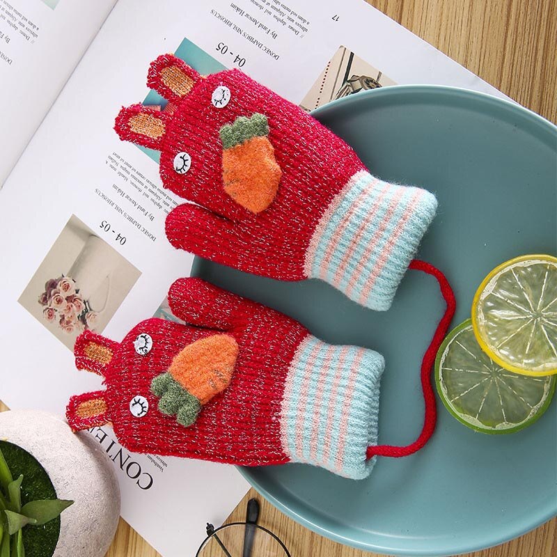 Cartoon Bunny Warme Baby Handschuhe Winter Kinder Kleinkind Baby Fäustlinge gestrickte Dicke Mädchen Jungen Nette Karotte Volle Finger Handschuhe: red