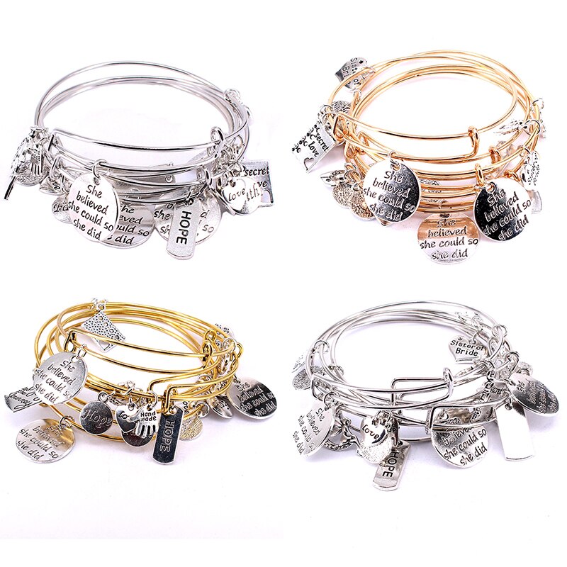 5 stk armbåndssæt sølvfarve &amp; guld farve armbånd til kvinder piger smykker kærlighed håb tro bogstav charm armbånd  c034