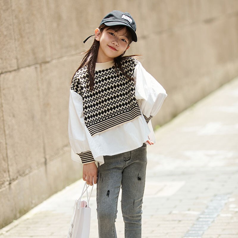 Girls Sweater Autumn Patchwork Irregular Kids Tops Teen School Casual Long-sleeve Clothing 12 14 Years Children Sweaters