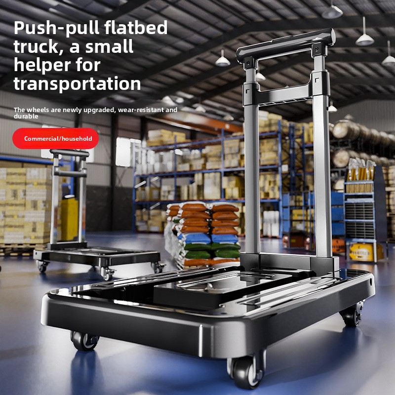 Sammenleggbar håndkjerre, bagasjevogn, flyttevogn for husholdning, lastebil med flatbed, teleskopisk trekkstang, stille universalhjul
