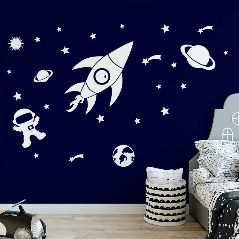 Outer Space Planet Wall Stickers for Kids Room Cartoon Astronaut Art Wall Decals Vinyl Home Decor Baby Nursery Room