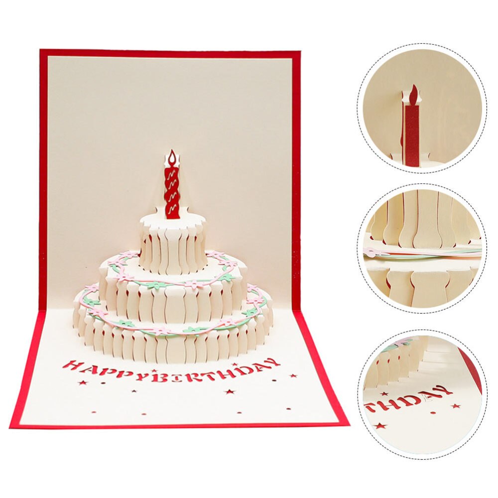 2PCS 3D Birthday Cake Greeting Cards Handmade Birthday Cake Blessing Cards (Red)