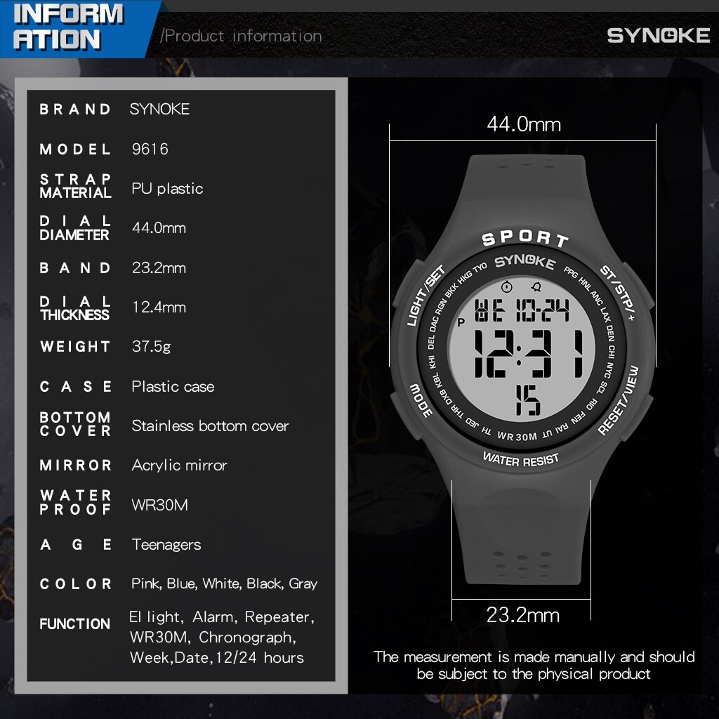 Synoke Vrouwen Horloges Sport Horloge Ultralight Grote Wijzerplaat 30M Waterdichte Led Studenten Elektronische Mannen Horloges Relogio Masculino