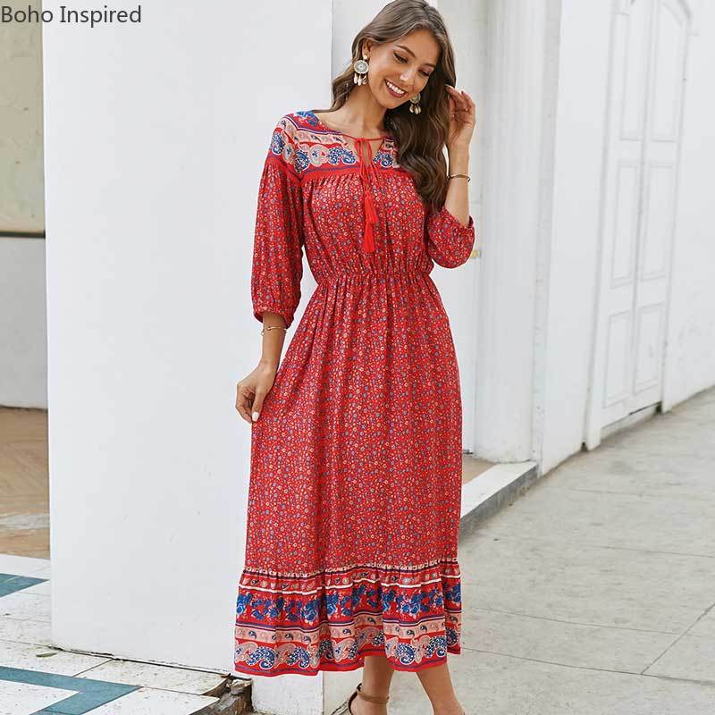 Boho inspiroitu kukkaprintti pitkä boho mekko puuvilla kevät kesä mekko tupsu sidottu v-pääntie rento naisten mekko boheemi mekko