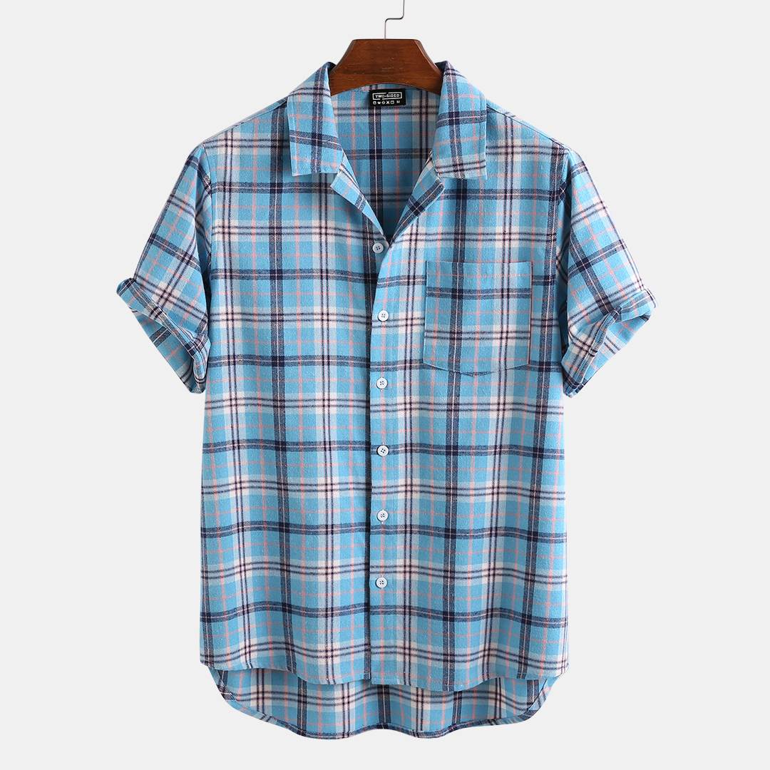 Sommer herre rutete skjorte bomull kortermet jakkeslag pustende skjorter herre ferie uformell streetwear knapp hawaiisk bluse