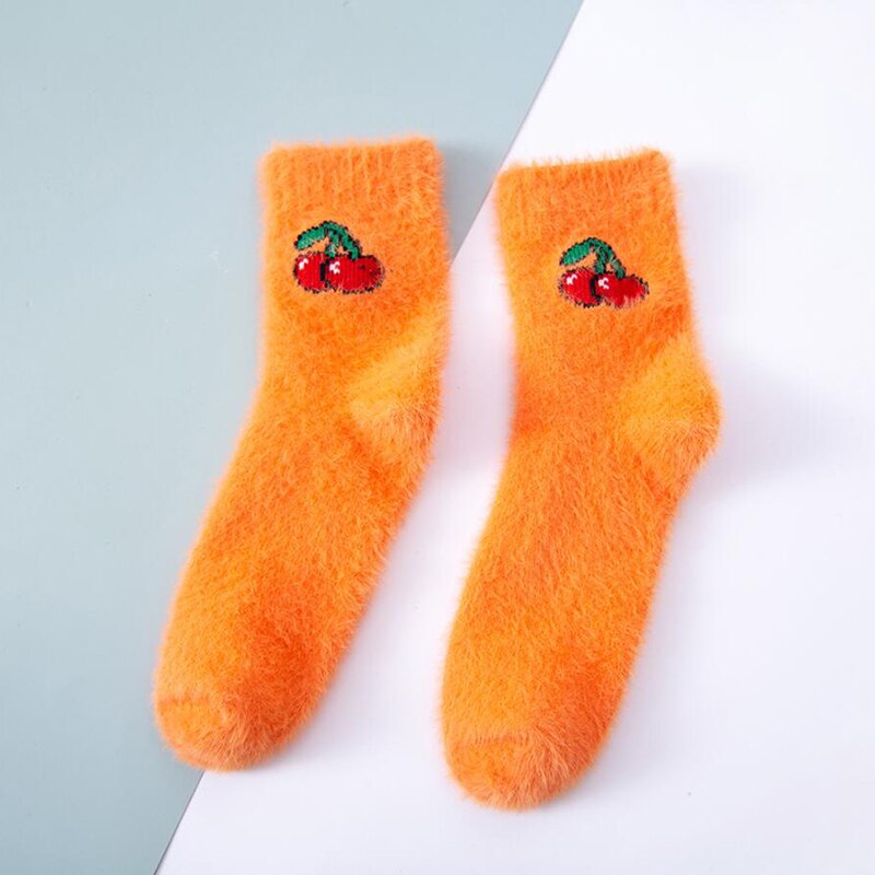 Zimowe grube skarpetki podłogowe z awokado nadruk z owocami dom śmieszne słodkie krótkie skarpetki damskie śliczne kolorowe wzorzyste skarpetki Sztuka aksamit: Pomarańczowy