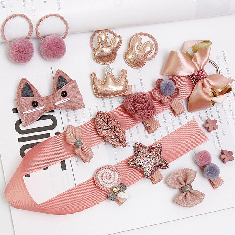 23 Piece Girls Cute Cartoon Hair Clip Set Cute Hair Accessories Girl headwear Bow Flower Hairpins Hairband Elastic Headdress Gif