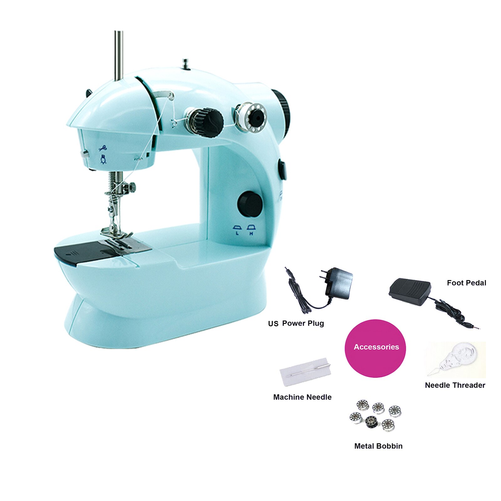 Mini Sewing Machine Portable Handheld Stitch Sew Needlework Cordless Clothes Fabrics Hand Electric Sewing Machines Accessories: US Plug Blue