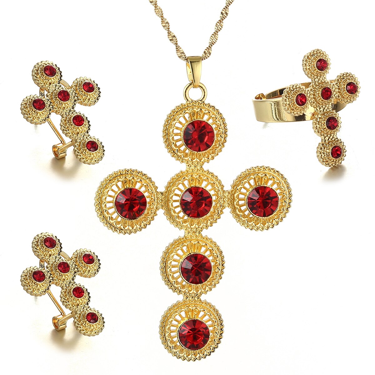 Ethiopische Traditiona Cross Sieraden Set Ketting Oorbellen Ring Ethiopië Gold Eritrea Sets Voor Vrouwen Habesha Wedding Party
