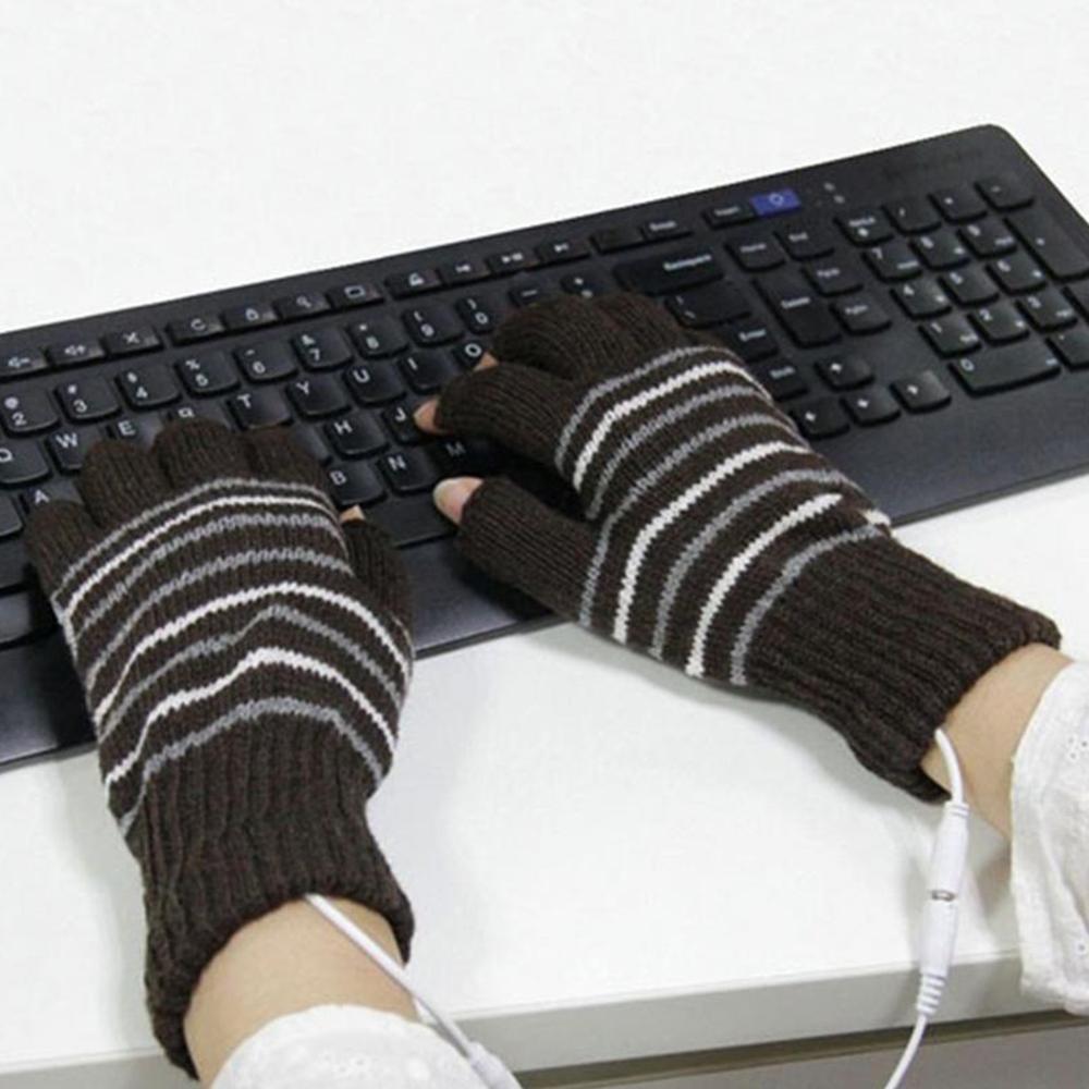 Vinter stickade handskar usb uppvärmda halvfinger handskar tvättbara fingerfria