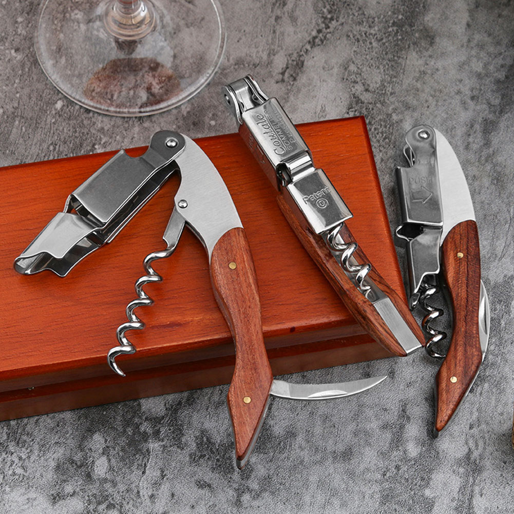 Wijnopener van roestvrij staal, kelnerskurkentrekker, leren etui, bierflesopener en foliesnijder voor wijnliefhebbers