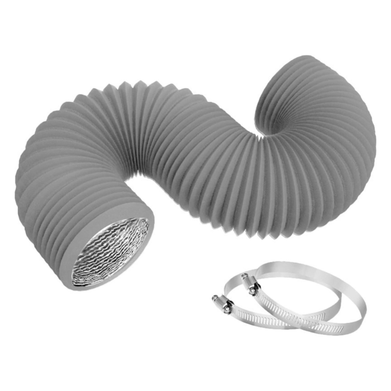 Kanalschlauch, Trockner-Entlüftungsschlauch mit 2 Klemmen, flexibler PVC- und Aluminiumkanal für Heizung, Kühlung, Belüftung und: Licht Grau