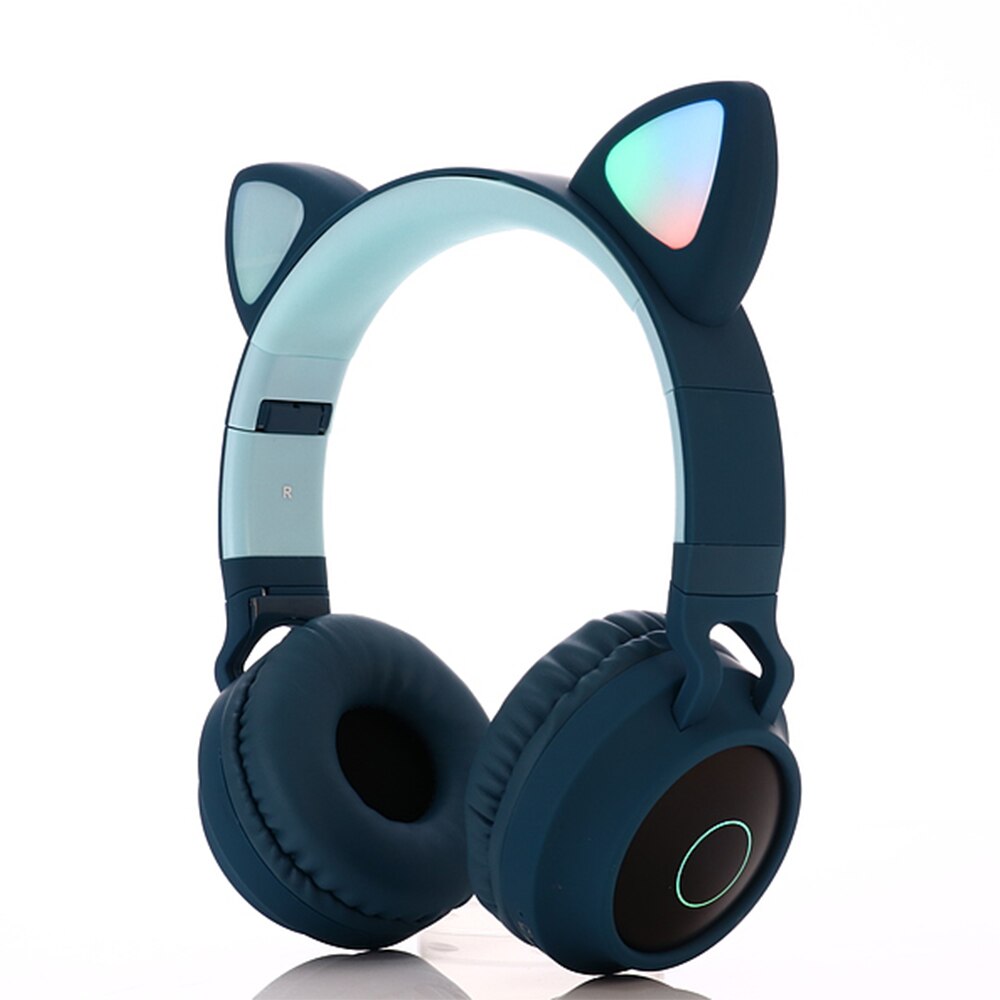 Auriculares inalámbricos con luz LED para teléfono móvil, audífonos con Bluetooth 5,0, auriculares de música estéreo para chica e hija, PC, Oreja de Gato: Blue (no box)