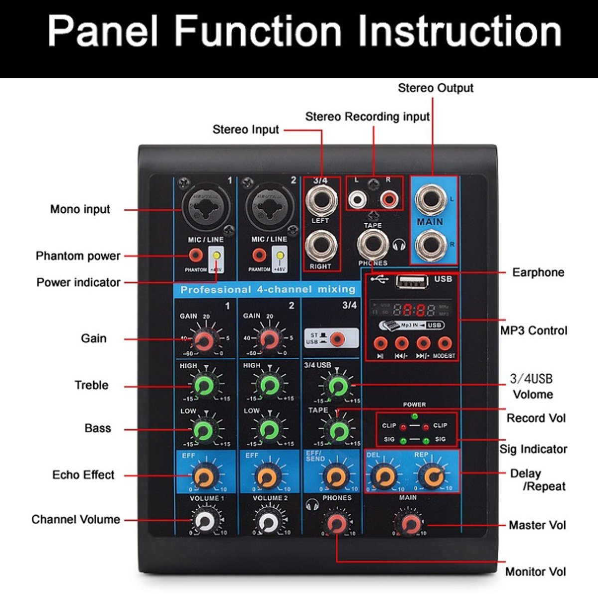 Mini 4 Channels Audio Mixer USB bluetooth MP3 Live Studio DJ Sound Mixing Console Karaoke Computer Phantom Power For KTV 48V