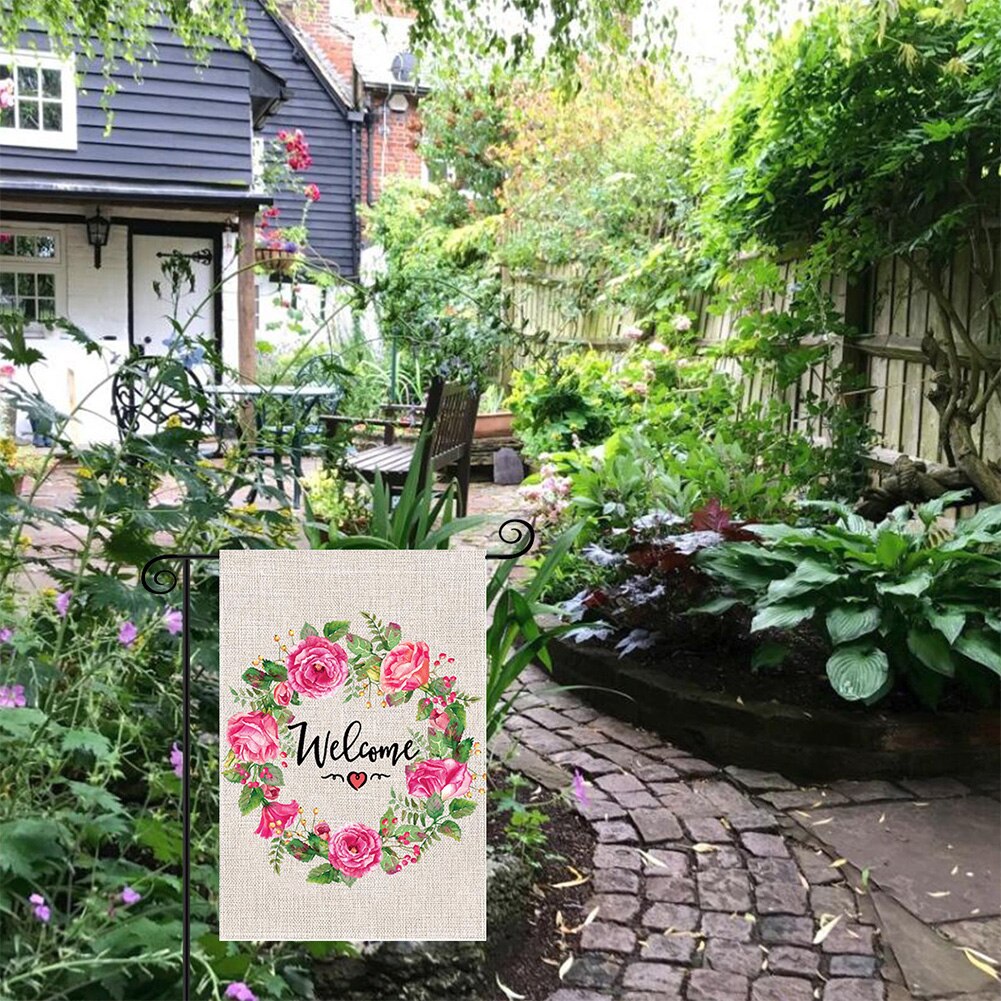 Festival Patio Porch Banner Floral Wreath Home Decorations 47x32cm Double Sided Flax Welcome Garden Flag Summer