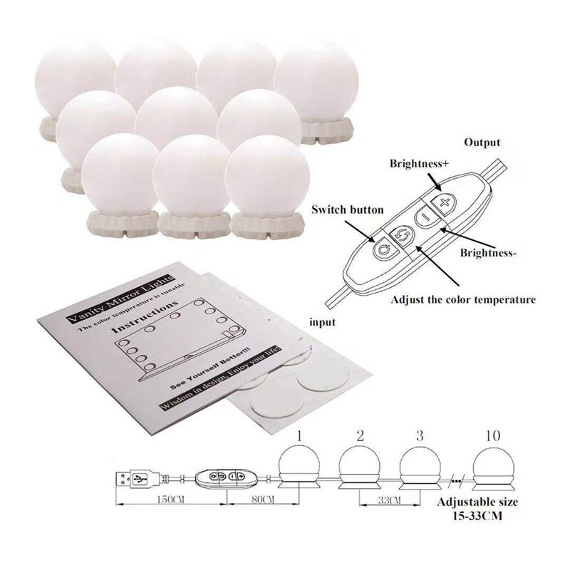 Hollywood Stijl Led Spiegel Licht Makeup Spiegel Usb Cosmetische Make Up Lamp 10 Lampen Kit 3 Kleuren Verlichting Schoonheid Dressing