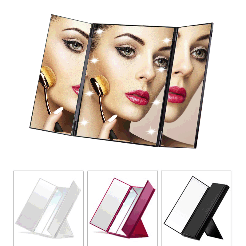 LED Cosmetic Mirror with Light Desktop Small Mirror Clear Portable Tri Fold Makeup Espejo Button Battery Bathroom Miroir