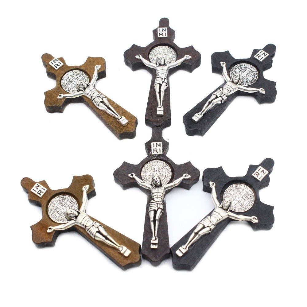 3Pcs Religieuze Houten Antieke Bruin Kruis Rozenkrans Hanger Jezus Saint Benedict Kralen Ketting Voor Mannen Vrouwen Sieraden