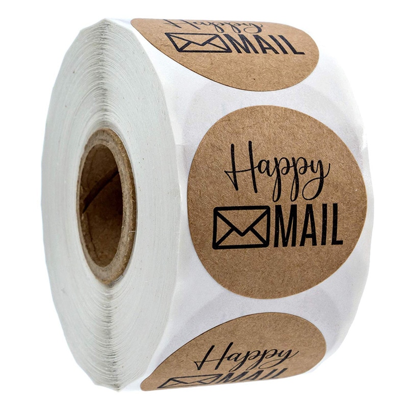 50pcs circular happy mail business stickers 1 inch Brown hand stickers envelope sealed stationery stickers