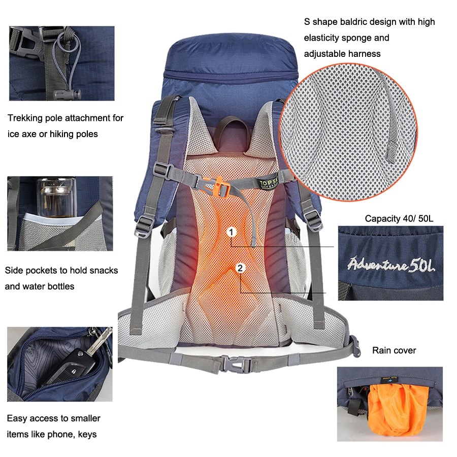 Backpack 40L Internal Frame Ultralight Waterproof Outdoor Mountaineering Hiking Traveling Climbing Camping with Rain Cover
