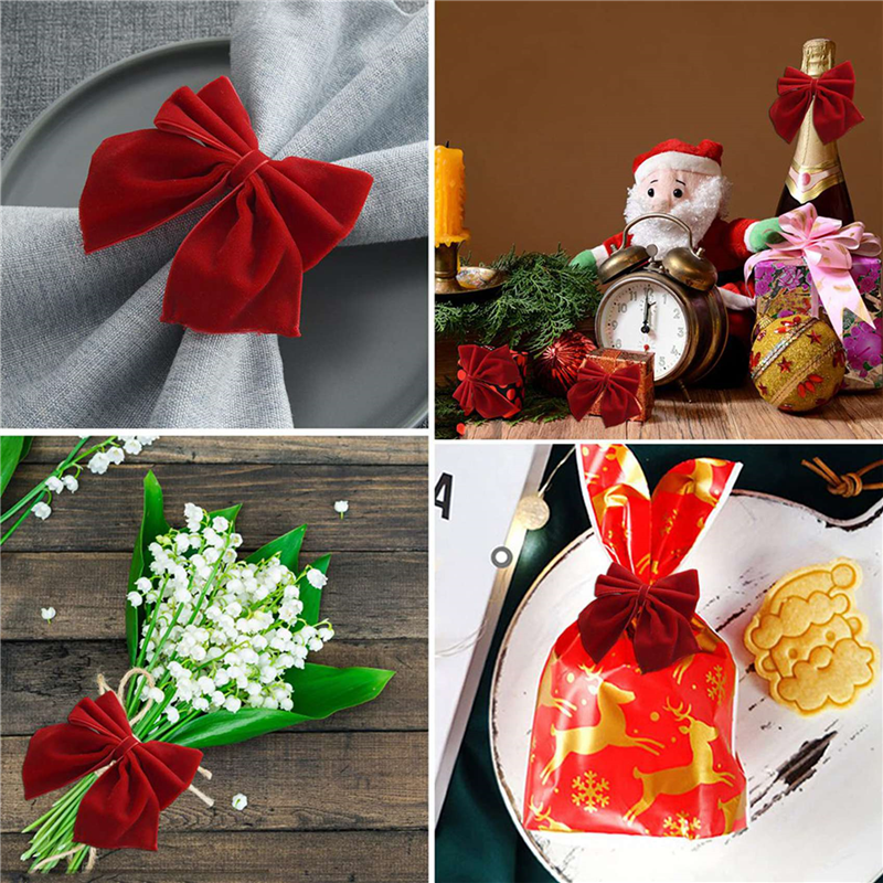 ABUN-16 Red Bow Napkin Holder Rings, Velvet Bow Xmas Napkin Holder Buckle Table Decoration For Christmas Party Dinner