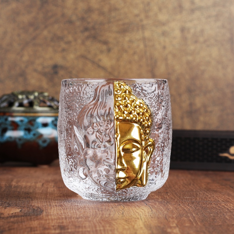 Buddha Kopf Glas Tassen 140ml Indische Buddhismus Kristall Mini Zen Tee Tasse Kleine Schüssel für Puer Wein Kreative Obst saft Trinken Tassen