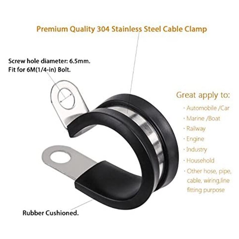 12Pcs Rubber Air Cushion Stainless Steel Cable Clamp R-Shaped Tube Clamp with Rubber Strip 6 Sizes