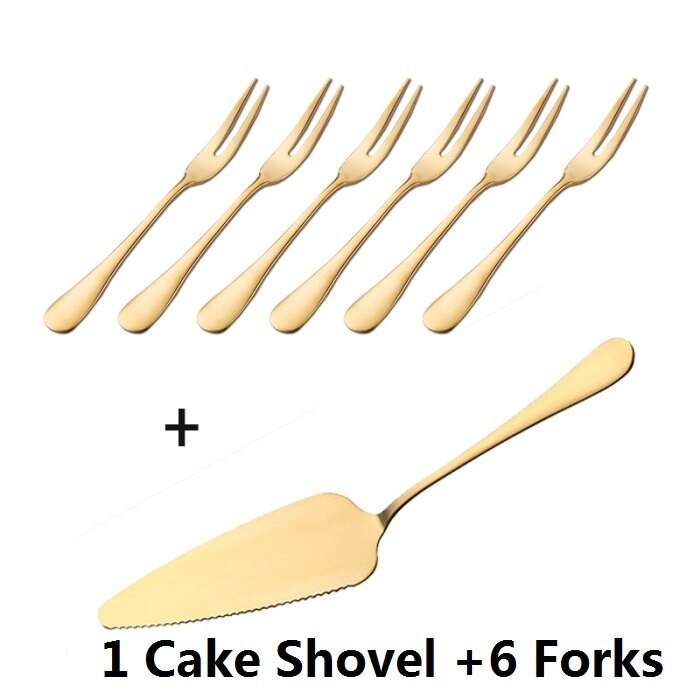 Goldene Überzogene 18/10 Edelstahl Kuchen Schaufel Messer Gabel einstellen Hochzeit Kuchen Nachtisch Salat Obst Mini Gabeln Gold Besteck Besteck: 1 Kuchen Schaufel 6 Gabel