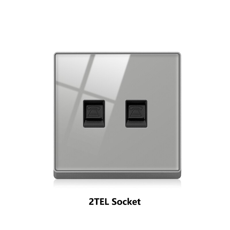 Atlectric Wall Socket Rj45 CAT5 Internet Outlet With TV Outlet Gray Crystal Glass Panel Double Computer Network Socket 86mm*86mm: 2P