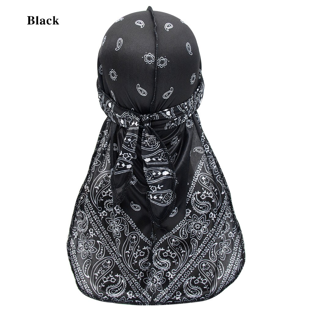 Satin- männer dehnbar Kappe Hüfte hüpfen Du Doo Lappen Durag Perücken Turban Bandana Headwear Feste Farbe lange Hütte Binden schwanz Haar Zubehör: Schwarz