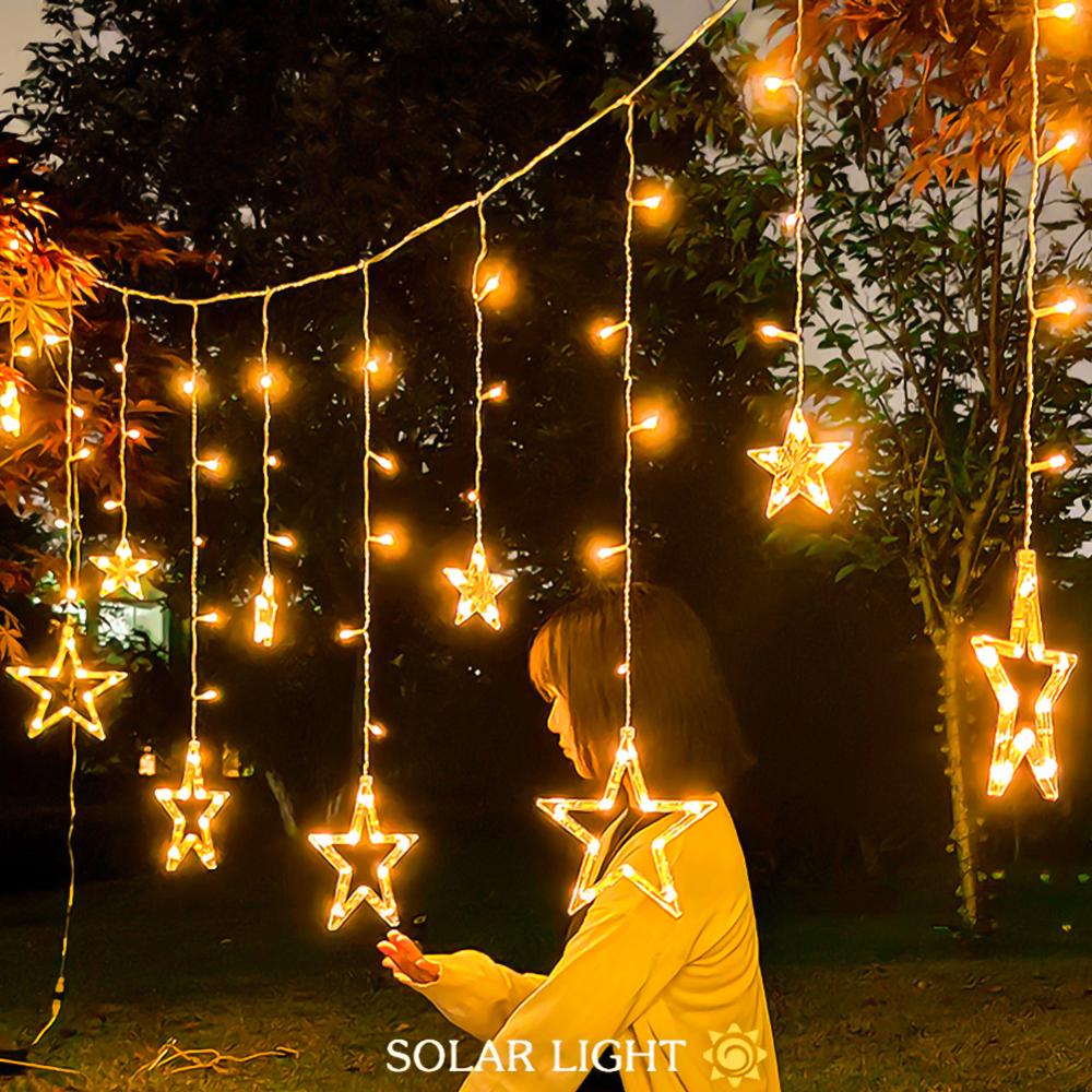 Christmas decoration Solar Powered LED Curtain Lights with Stars Moons Dimmable 8 Lighting Modes with Timer Twinkle String Light