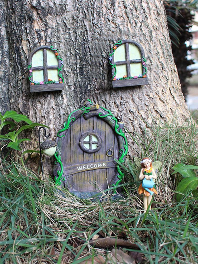Miniature Fairy Garden Door Windows DIY Garden Sculpture Tree Decoration Craft House Door Glow In The Dark