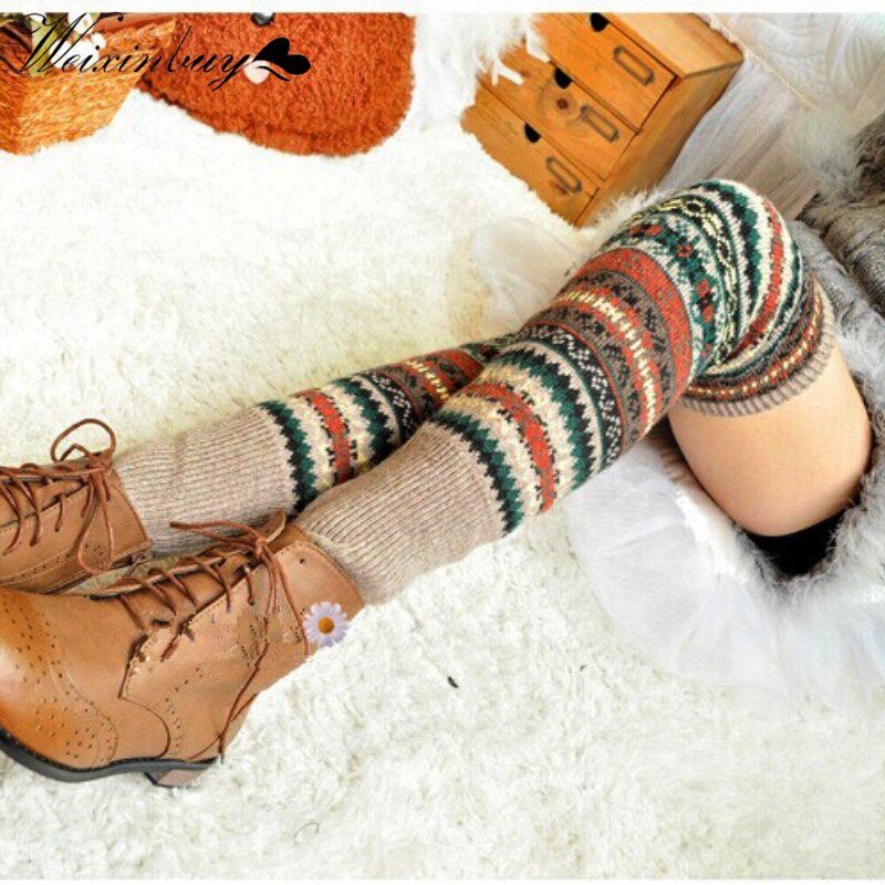 Jambières chaudes rayées pour femme, jambières au dessus du genou, tricot, couvre-jambes au Crochet, tenue de noël, hiver