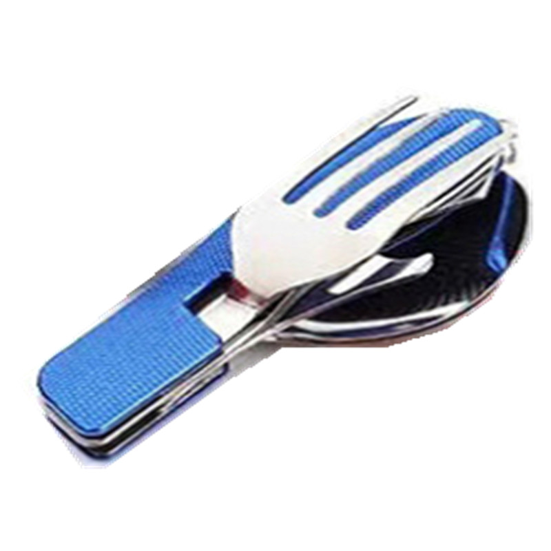 Portable multi tool cutlery multitool flatware utensil bottle can opener fold Spork fork tableware Picnic camp spoon knife: Blue