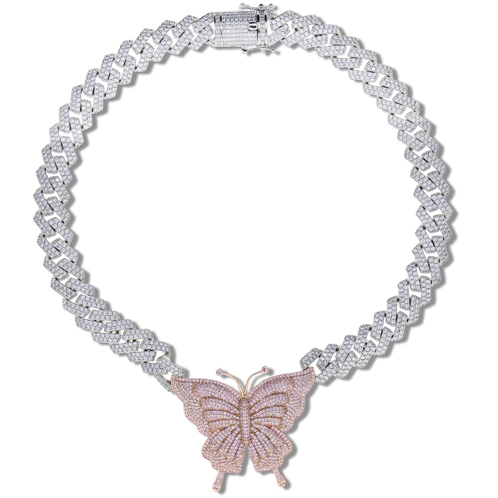 Novo 15mm iced para fora bling cz cubana link corrente rosa ouro rosa borboleta colar de prata cor 2row cz gargantilha feminino hip hop jóias
