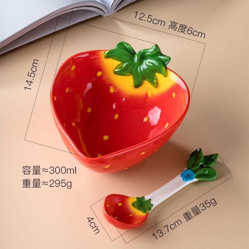 Bol à salade en céramique, européen dessin animé de fruits, bol à nouilles instantanées à la fraise, vaisselle de cuisine 350ML: A and spoon
