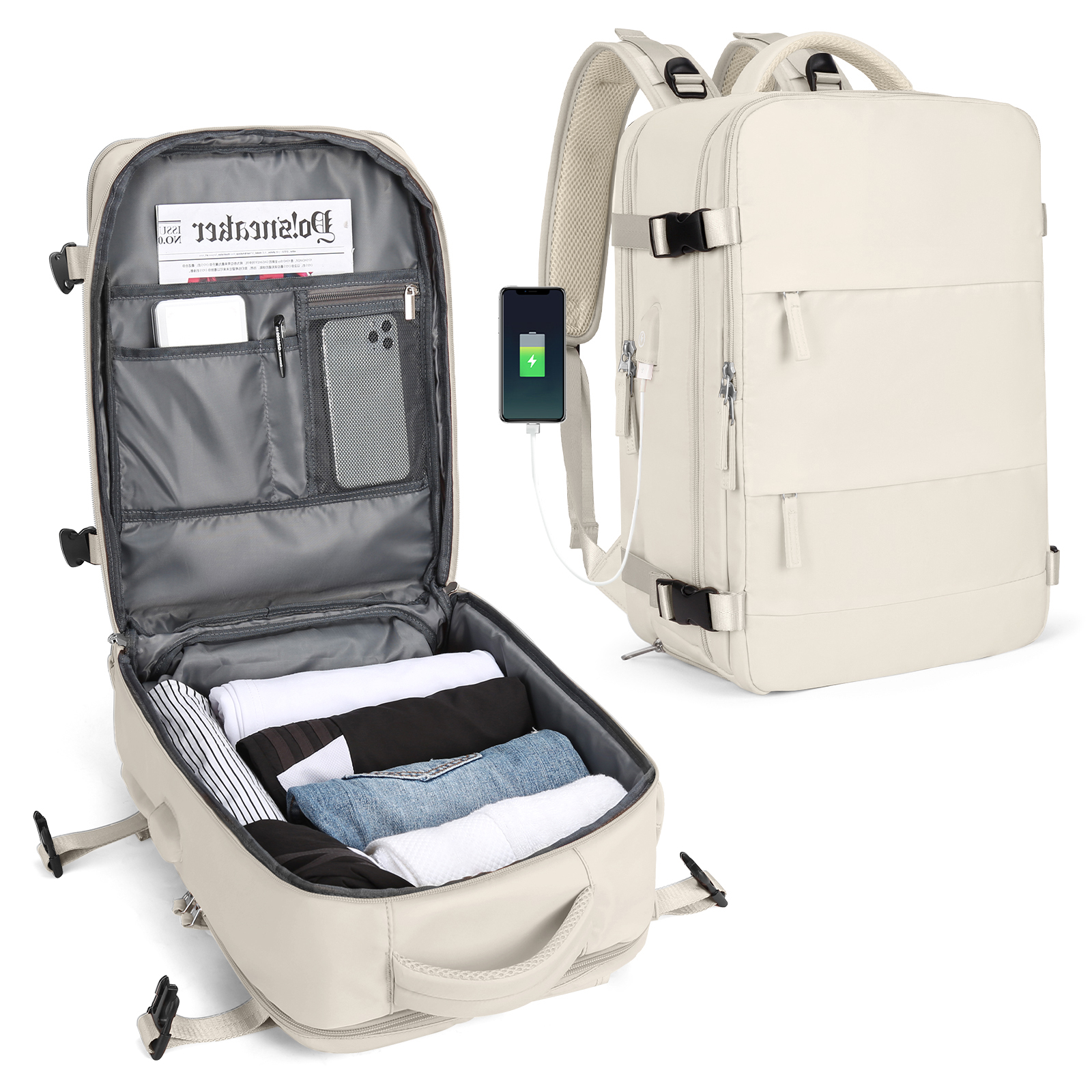 Reisrugzak Voor Dames Heren, 42X32X20, Rugzak Met Luchtvaartmaatschappij Goedgekeurd, Waterdichte Casual Laptop Rugzak Voor Universiteitszaken: Beige