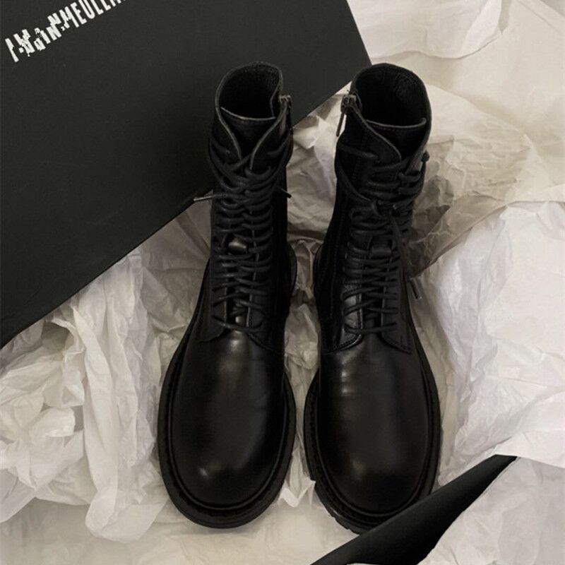 À lacets talons épais moto botines bout rond creeper knight bottes femme mi-mollet noir bref hiver bottes d'équitation femmes