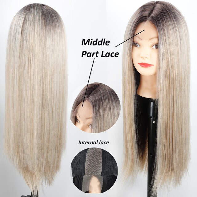 LISI GIRL longue ligne droite perruque noire perruques synthétiques pour les femmes partie moyenne naturelle perruque de dentelle fibre résistante à la chaleur perruque d'apparence naturelle: K4