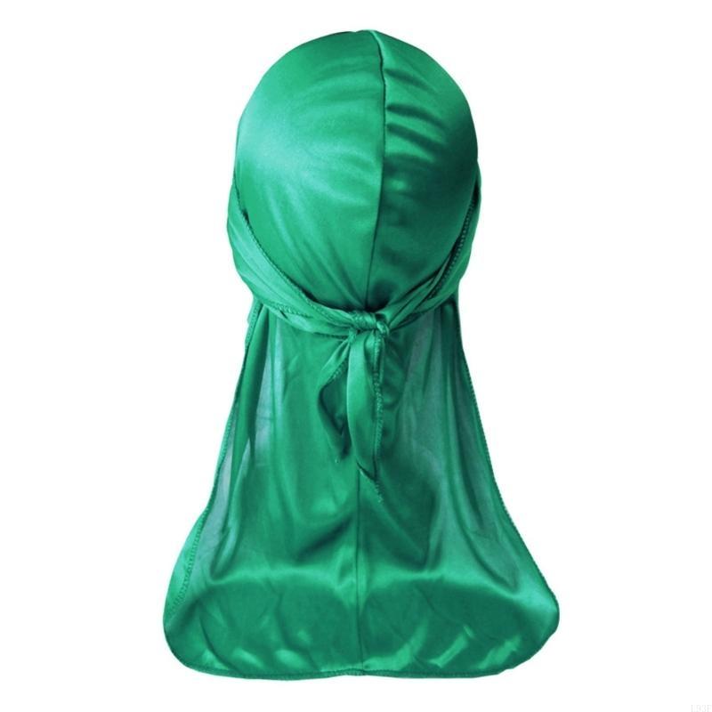 L93F Men's Soft Silky Durag Head Wrap Long Tail Dreadlocks Hat for Various Hair Type: green