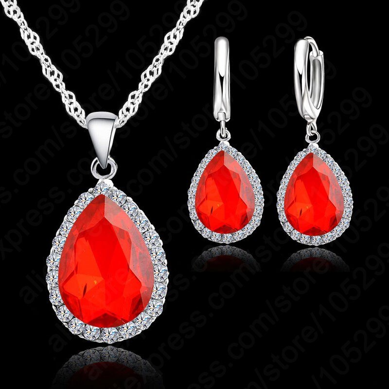 925 Sterling Silver Necklace Jewelry Set Water Cubic Zircon Crystal Necklaces Wedding Necklace Pendants For Women: red