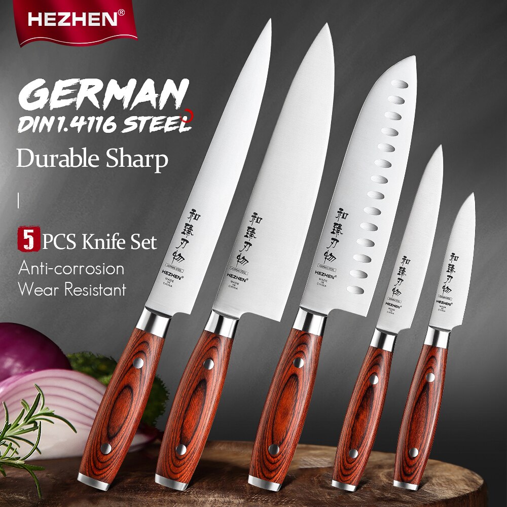 HEZHEN 1-5PC Kitchen Knife Sets Stainless Steel Sharp Cook Beautiful box Pakka Wood Handle Kitchen Tool