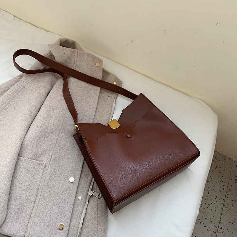 Vintage stor mulepose pu læder håndtaske til kvinder høj kapacitet skulder messenger taske: Brun