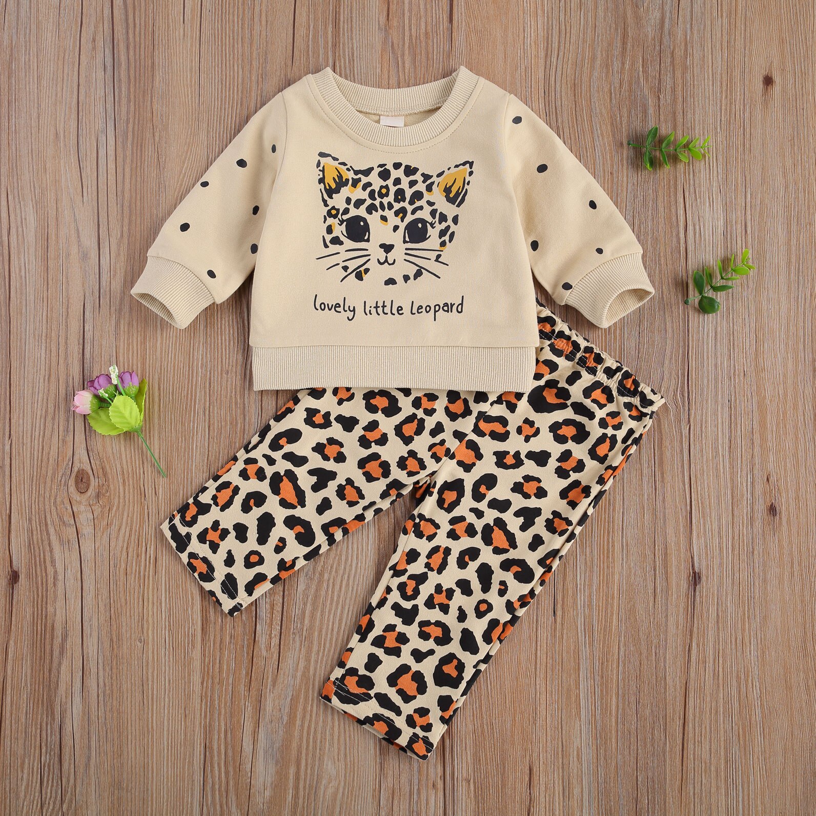 Meisjes Kleine Luipaard Brief Sweatshirt + Luipaard Print Broek: 9m